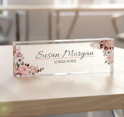 ARTSWAVE Custom Name Plate for Desk – Personalized Office Name Sign with Flower Design – Clear Acrylic Block Nameplate for Teacher, Boss, Principal, Nurse, Office Decor, Door (8"x2.5")