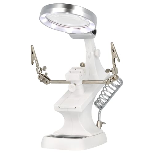 The Beadsmith Third Hand Magnifier – 3.0X Lens w/ 4.5X Inset Lens, 10 LED Lights, Fully Adjustable, Includes Alligator Clips, Tool Holder, & Removable Metal Tray