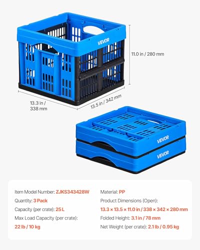 VEVOR Plastic Collapsible Storage Bins, 25L 3 Packs, Stackable Folding Storage Crates with Handles, Holds 22 lbs Per Bin, Foldable Heavy Duty Containers, Space-Saving Baskets, for Home Organizing