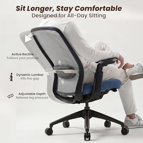 COLAMY Aether Executive Office Chair for Long Hours, One-Touch Easy Adjust Managerial Desk Chair with Levitating Seat Cushion & Pilot-Level Sync Armrests, 300 LBS Mid Back Mesh Computer Chair,Blue