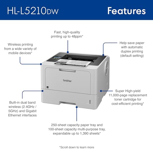 Brother HL-L5210DW Business Monochrome Laser Printer, Duplex, Wireless, Gigabit Ethernet, Mobile Printing, Alexa Compatible