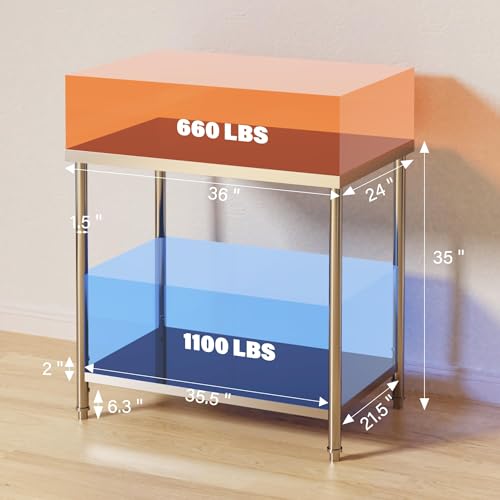 Festisoul 36x24 Inch Stainless Steel Work Table for Kitchen Commercial Use, 0.7mm 201 SS Right Angle Edge Utility Table with Fixed Legs, 35" Height Silver Workbench for Prep, Garage, Workshop