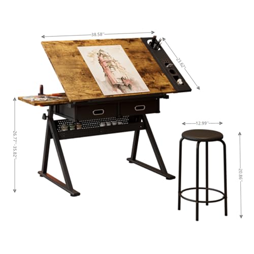 Japovker Artist Drawing Desk, Tilting Drafting Table with Adjustable Height 0-75° – 2 Drawers & Side Storage with Stool for Home Studio, Art Class, Designers (Brown+Black)