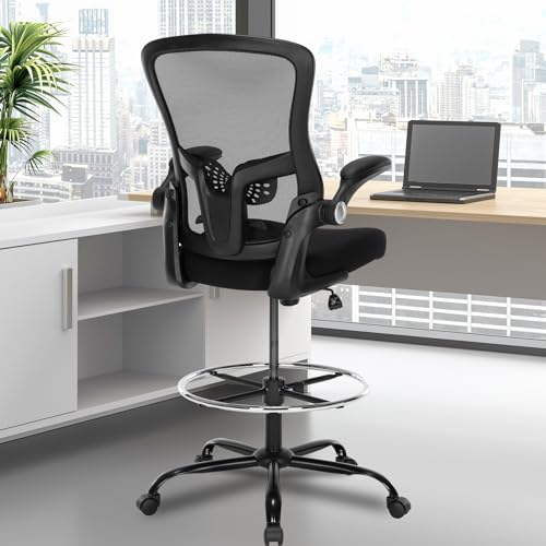 Luckyear Ergonomic Drafting Chair – Tall Office Chair for Standing Desk, Adjustable Height Mesh Chair with Footrest and Flip-Up Arms, Counter Stool, Black