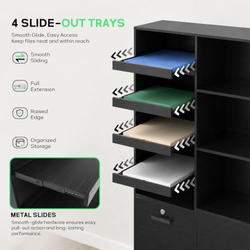 Vertical File Cabinet with Lock, 4 Slide-Out Trays & Adjustable Shelves