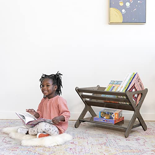 ECR4Kids Wooden Book Caddy with Storage Shelf and Handles, Grey Wash