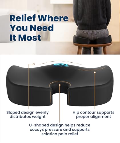 Everlasting Comfort Doctor Recommended Memory Foam Seat Cushion for Office Chairs & Car - Ergonomic Office Desk Accessories - Cushions for Tailbone Pain Relief, Sciatica (Black Airflow, Large)