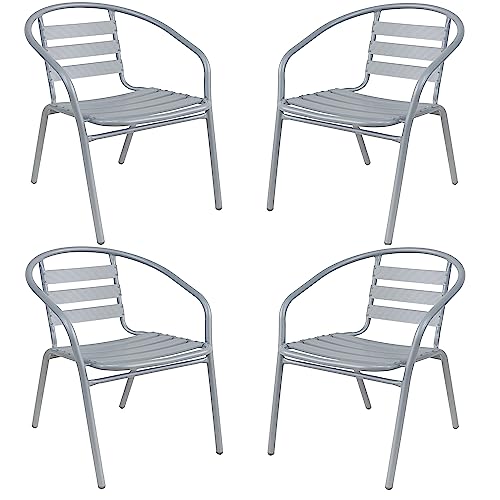BTEXPERT Gray Indoor Outdoor 23.75" Restaurant Stainless Steel Silver Aluminum + 4 Metal Slat Stack Lightweight, 4 Chairs with a Round Table