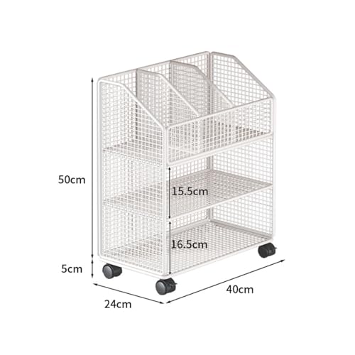 Rolling Book Cart with Wheels, 3 Tier Metal Movable Storage Bookshelves, Narrow Clear File Folder Organizer Cart, Multifunctional Storage Rack for Office School Bedroom(White)