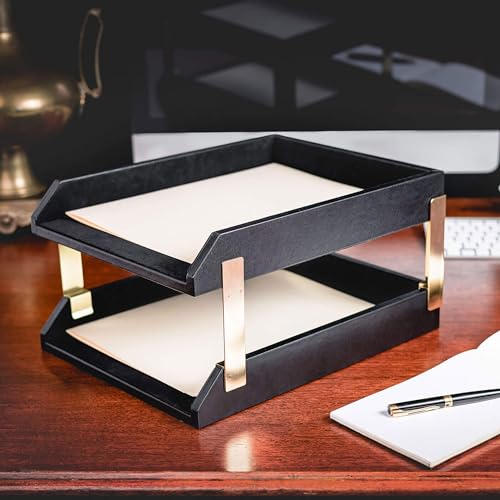 Dacasso Classic Black Leather Front-Load Double Letter Tray Set w/Gold Stacking Posts - Luxury Executive Decor and Office Essential - Desk Surface Protector