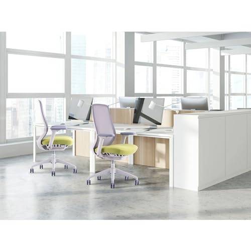 WorkPro Ergonomic Mesh/Fabric High-Back Office Chair, Light Blue Seat, White