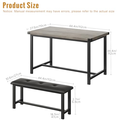 3 PSC Dining Table Set with 2 Upholstered Benches and 1 Table for 4, 44" Small Space Breakfast Nook Set, Kitchen Table with Tufted Upholstered Seats, Rustic Wood & Metal Frame, Easy Assembly