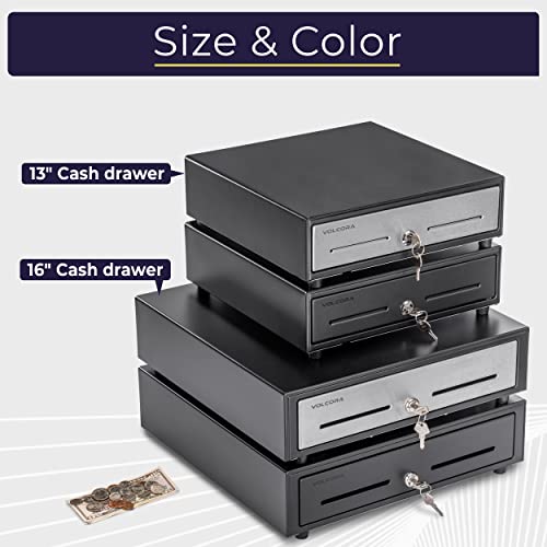 Volcora Cash Register Drawer for Point of Sale (POS) System with Removable Coin Slots, 5 Bill/6 Coin, 12-24V, RJ11/RJ12 Key-Lock, Media Slot, Black