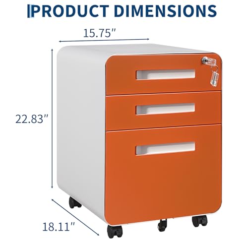 Fuhomtre 3 Drawer Lockable Mobile File Cabinet, Under Desk Metal Storage Cabinet with Wheels, Pre-Assembled, Compatible with A4/Letter/Legal Files for Home & Office,Orange