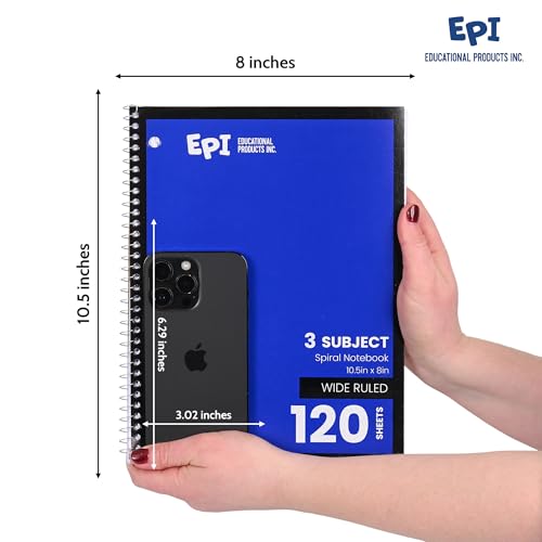 EPI Spiral Notebook | 3 Subject - Wide Ruled - 120 Sheets, Durable Spiral Binding | 10.5 x 8 in | Classroom Supplies | School, Office, Note Taking, Journaling - 36 Pack