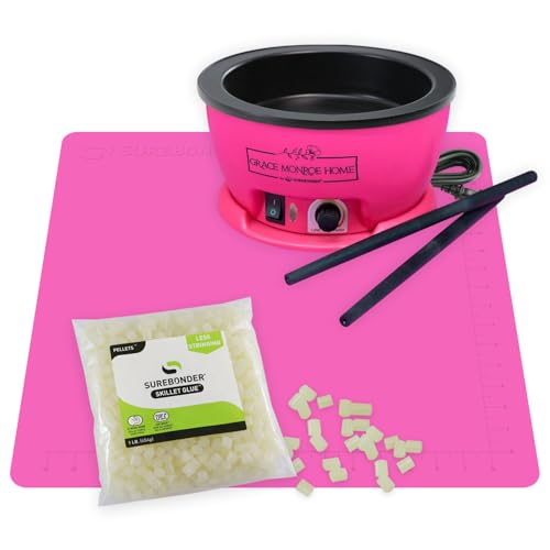 Surebonder x Grace Monroe Home Hot Glue Skillet Pot with 2 Stir Sticks, Pink Glue Mat, and Glue Pellets, 5.25-inch Diameter, 1-inch Depth, Great for Floral, Pink