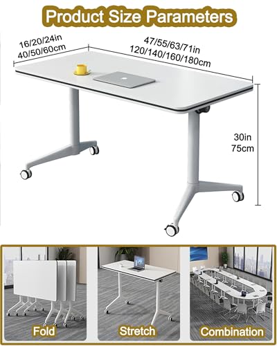 Folding Conference Table, Rectangular Conference Room Table Flip Top Mobile Training Table, with Four Locking Wheels, Rolling Meeting Table, for Office, Conference Rooms, Training Rooms(B,55x16x30in)