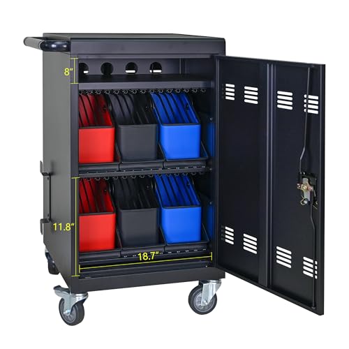 ZEYUXWT Mobile Device Charging Cart, 32 Tablet Storage Cabinet with Baskets, Rolling Laptop Charging Station, Black