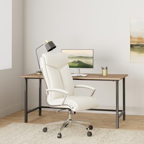 Office Star FL Series Faux Leather Executive High Back Office Chair with Adjustable Tilt and Padded Chrome Arms, Cream