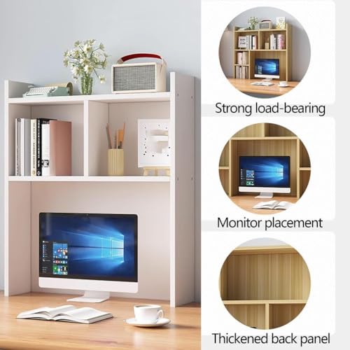 White Wooden Desk Hutch with Storage, Freestanding Desktop Bookshelf and Organizer Rack for Home Office, Dorm, and Study Desk, Ideal for Books, Supplies, and Decorations,Grey,23.6″×7.9″×35.4″