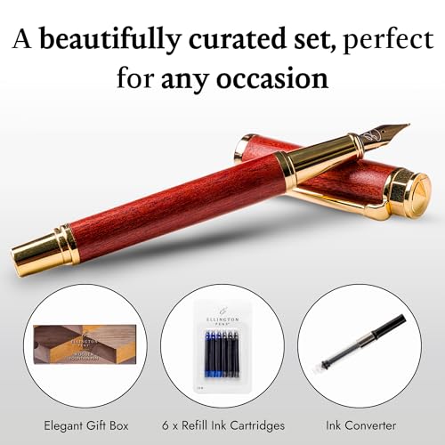Ellington Pens Luxury Wood Fountain Pen Set – Fine Nib - Includes 6 Ink Cartridges, Wooden Pen Gift Box, Ink Converter - Wood Pen For Writing, Calligraphy, Journaling, Drawing (Rosewood Radiance)