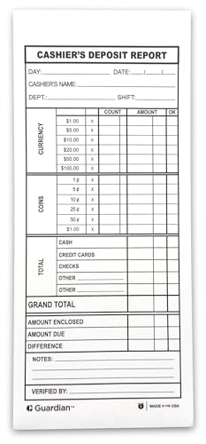Guardian Cashier Deposit Report Envelopes Self Seal, Pack of 500 Cash Drop Envelopes – Cash Register for Small Businesses – Cashier Register for Retailers & Restaurants – White Envelope (White, 500)