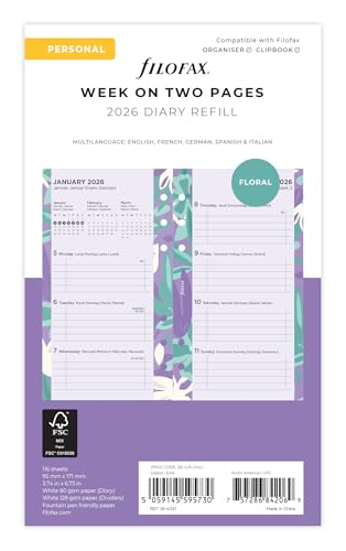 Filofax Personal Illustrated Floral Week on 2 Pages 5language 2026 diary Pack 26-6341