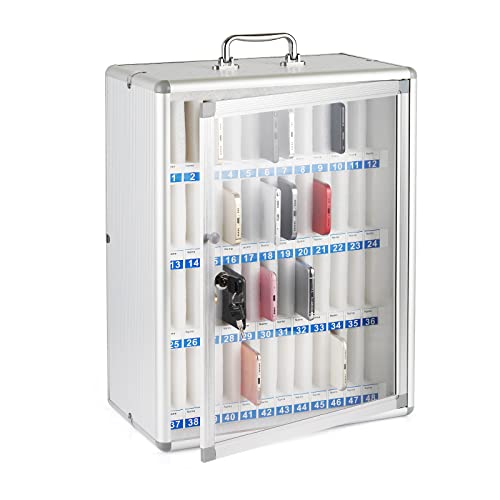 Aluminum Alloy Pocket Chart Cell Phones Storage Cabinet for Cell Phones,Wall-Mounted with a Locked,Can be Carried by Hand (Silver 48 Slots)