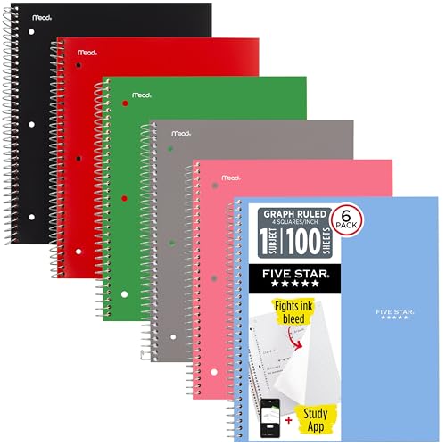 Five Star Spiral Notebook + Study App, 1 Subject, Graph Ruled Paper, 8.5" x 11", 100 Sheets, Assorted Colors, 6 Pack (73549)