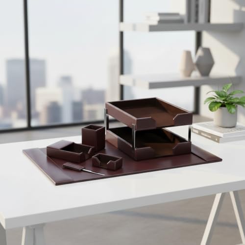 Dacasso Dark Brown Bonded Leather 8-Piece Desk Accessory Set - Organization Essentials & Executive Decor - Luxury Leather Blotter for Office Organization
