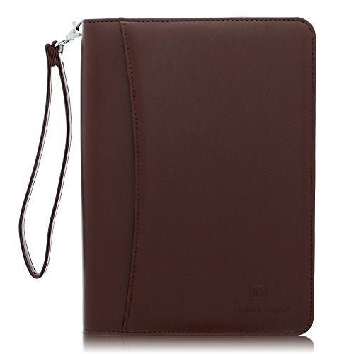 Zippered Portfolio Binder with Junior Legal 5x8 Notepad - Dark Brown PU Faux Leather Business Padfolio Organizer Folder with 8 Inch Tablet Sleeve & Gift Box by Lautus Designs
