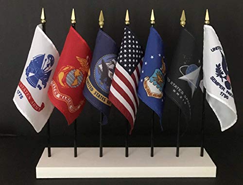 USA‑Made Military Mini Flag Set with White Stand, 7 4x6 Flags no POW
