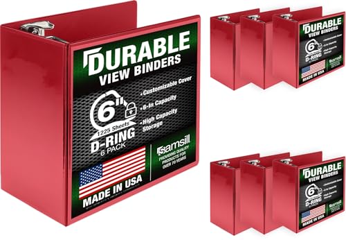 Samsill Durable 6 inch 3 Ring Binder, Locking D Ring Binder, Customizable Clear View Cover, Red, 6-Pack, Holds 1225 Pages