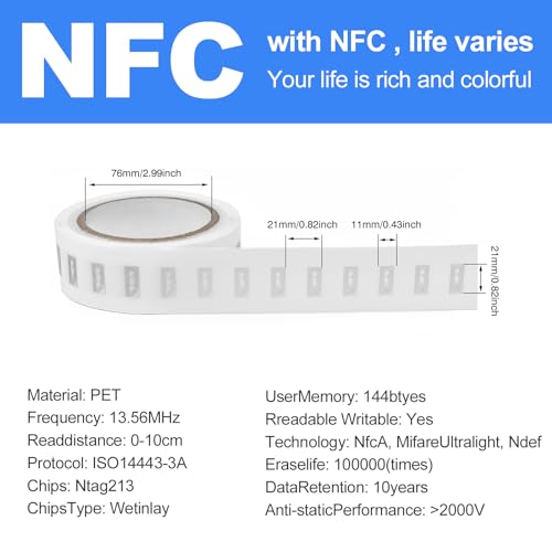 LeadSeals 500 PCS NFC Tags Sticker with NTAG213 Chip Blank NFC Stickers Adhesive Labels RFID Tags Rewritable 137 Bytes Memory Compatible with All NFC-Enabled Smartphones and Devices, 10 x 20MM, Clear