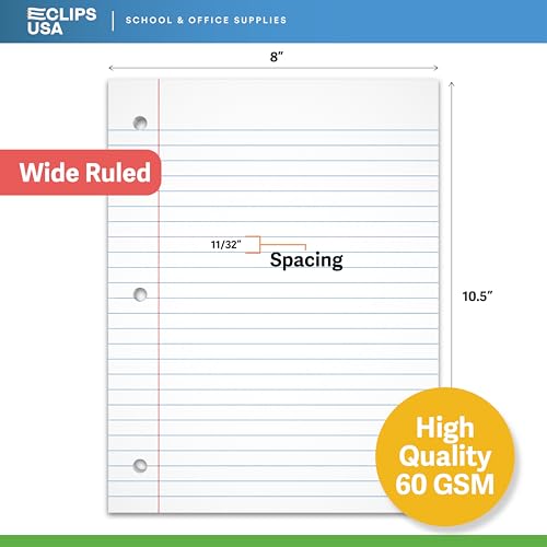 Wide Ruled Loose Leaf Paper Wide Ruled Notebook Paper Lined Writing Filler Paper 10.5” x 8” 56 gsm 2400 Sheets 100 Sheet Per Pack (24 Pack)