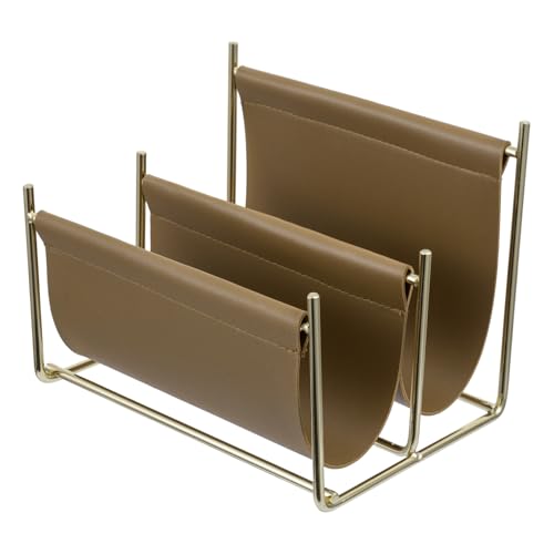 MyGift 2 Slot Modern Mail Holder, Deluxe Brass Tone Metal and Toffee Brown Leatherette Sling Entryway or Desktop Tabletop Letter Sorter