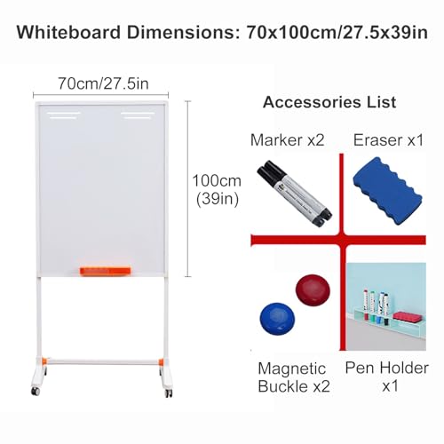 TRUNXUCL Rolling Whiteboard Magnetic, Dry Erase Board with Stand, Standing White Board on Wheels, Height Adjustable(Pink,70x100cm/27.5x39in)