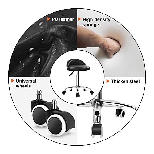 KKTONER PU Leather Round Rolling Stool with Back Rest Height Adjustable Swivel Drafting Work SPA Task Chair with Wheels Black