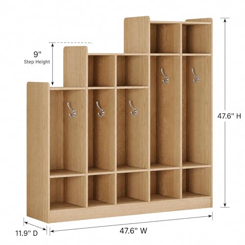 Naiveferry 5-Section Classroom Coat Locker with 9 Cubbies, Step-Down Kids Cubby Storage Organizer with 10 Metal Hooks, Daycare Preschool Mudroom Lockers for School Entryway Nursery, Light Oak