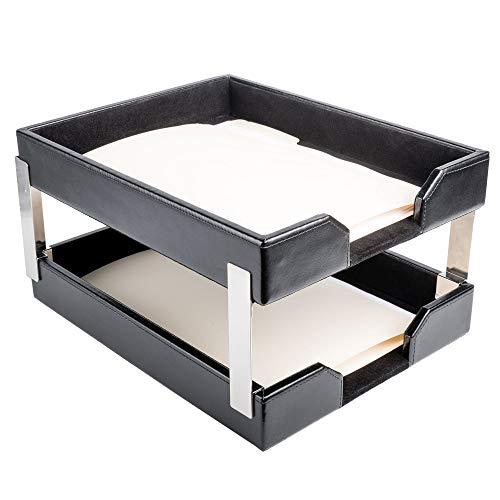 Dacasso Black Bonded Leather Double Letter Trays