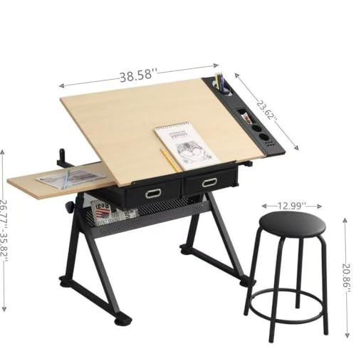 NestLude Adjustable Drafting Table with Stool, Tilting Art Desk with Storage Drawers for Home Office, Reading, Writing, Crafting. Perfect for Artists and Hobbyists (White Oak)