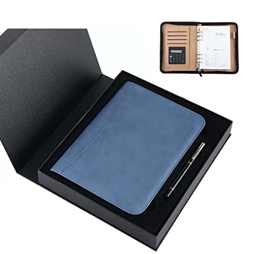 Padfolio Organizer Binder,Portfolio, A5 PU Faux Leather Conference Folder Business Office Work Portfolio Organiser Padfolio Folder with Calculator 6 Ring Binder Clipboard with Box(Blue)
