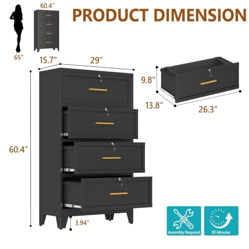 4 Drawer File Cabinet with Lock, Lateral Filing Cabinet for Home Office