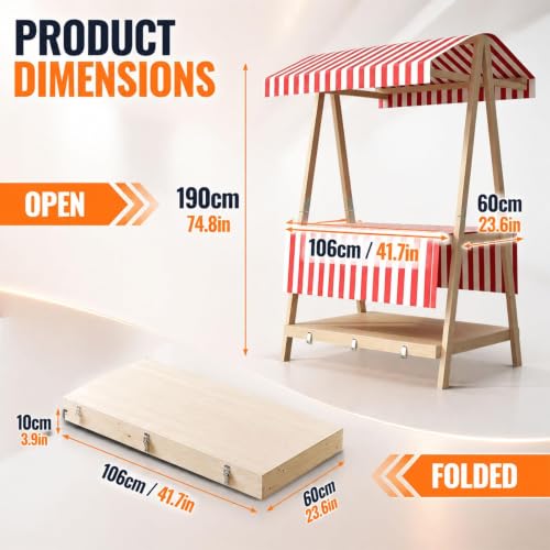 CHBMZ Foldable Wooden Market Display Booth, Portable Two Level Vendor Stand with Canopy, Compact Suitcase Design for Craft Fairs, Farmers Markets, Festivals & Pop Up Events(Pink,106cm/41.7in)