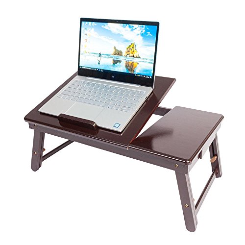 Bamboo Lap Desk Breakfast Serving Tray Laptop Cup Stand Folding Adjustable Height Side Drawer Storage More Space Table Top Book Laptop Notebook Retro Plain Design Home Office Utility Study Room Bed