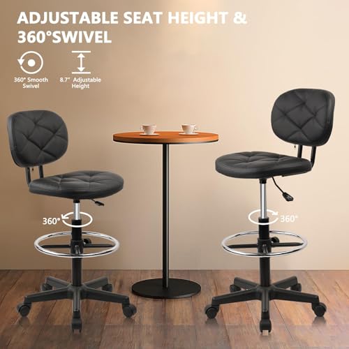 KLASIKA PU Leather Rolling Bar Stool with Wheels and Back, Tall Drafting Stool with Adjustable Height and Footrest, Multi-Purpose Office Desk Chair for Home Kitchen Shop Work, Black (1PK)