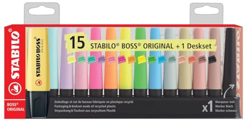 STABILO Boss Original Highlighters Set of 15 Highlighters 5 Neon + 5 Pastel + 4 NatureColors + 1 Marker Black