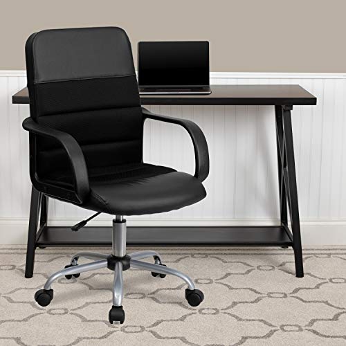 Flash Furniture Manor Mid-Back Swivel LeatherSoft Desk Chair with Headrest and Padded Arms, Adjustable Height Padded Ergonomic Office Chair, Black