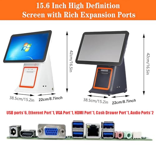 JIMINHUIXIN All-in-One POS Cash Register, Touch Screen System 15.6 Inch Monitor, i5+8GB +128GB, 58mm Integrated Printer for Cafe, Juice Bar