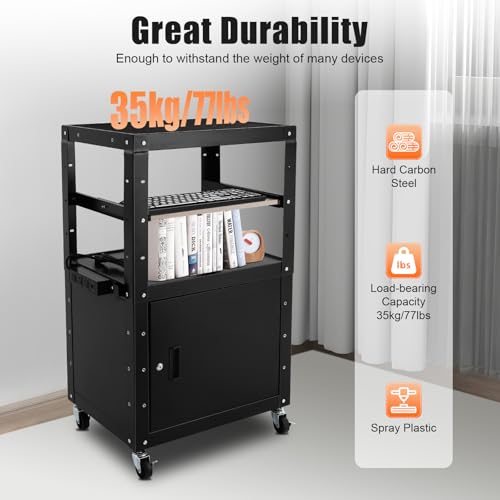 Steel AV Cart with Keyboard Tary and Locking Cabinet Rolling Small Office Laptop Table with Power Socket, Adjustable Height Laptop Cart for Computer Laptop Projector Printer